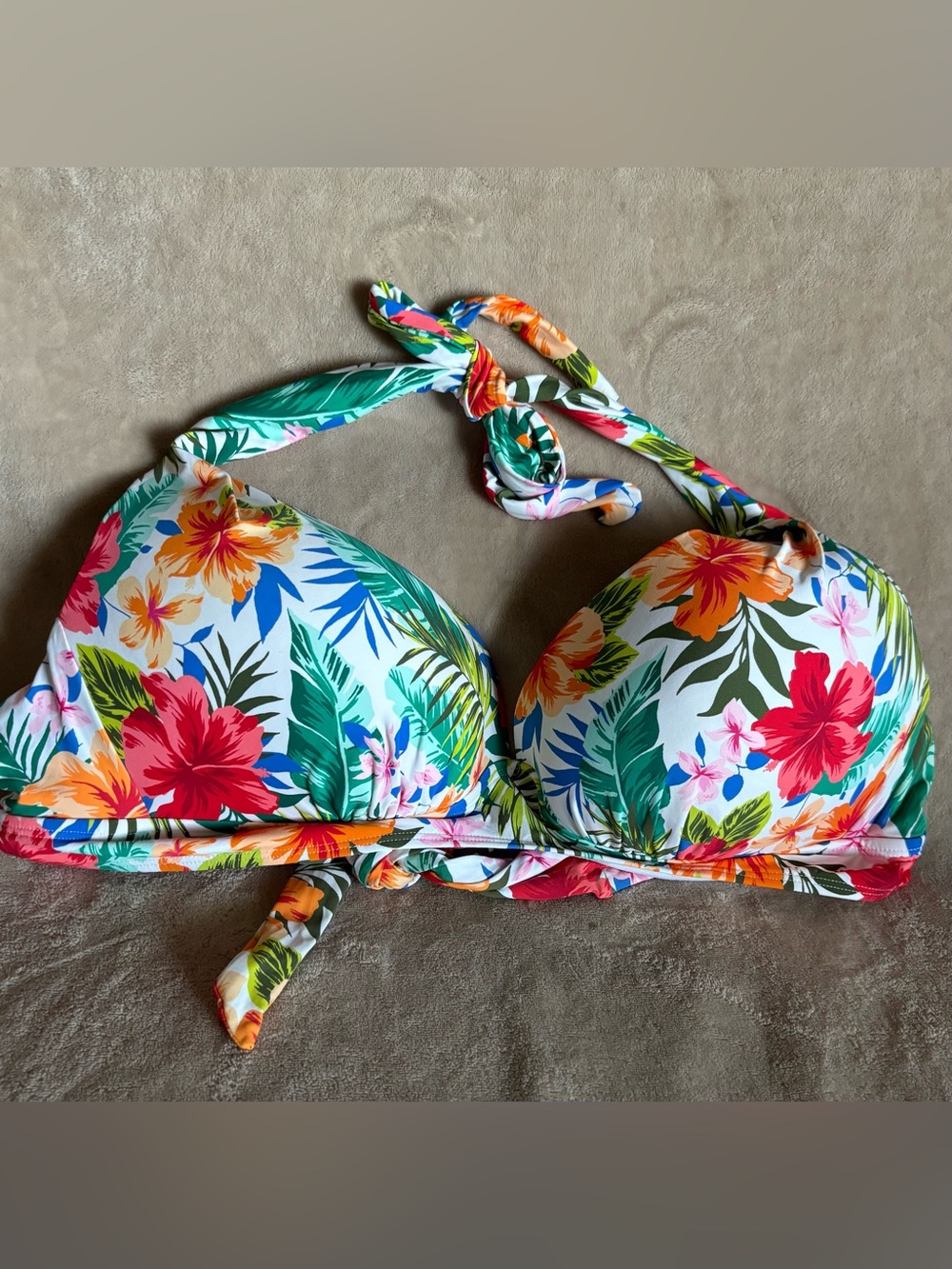 Time and Tru White Bikini Top Floral Tropical Trim Womens XL(16/18)